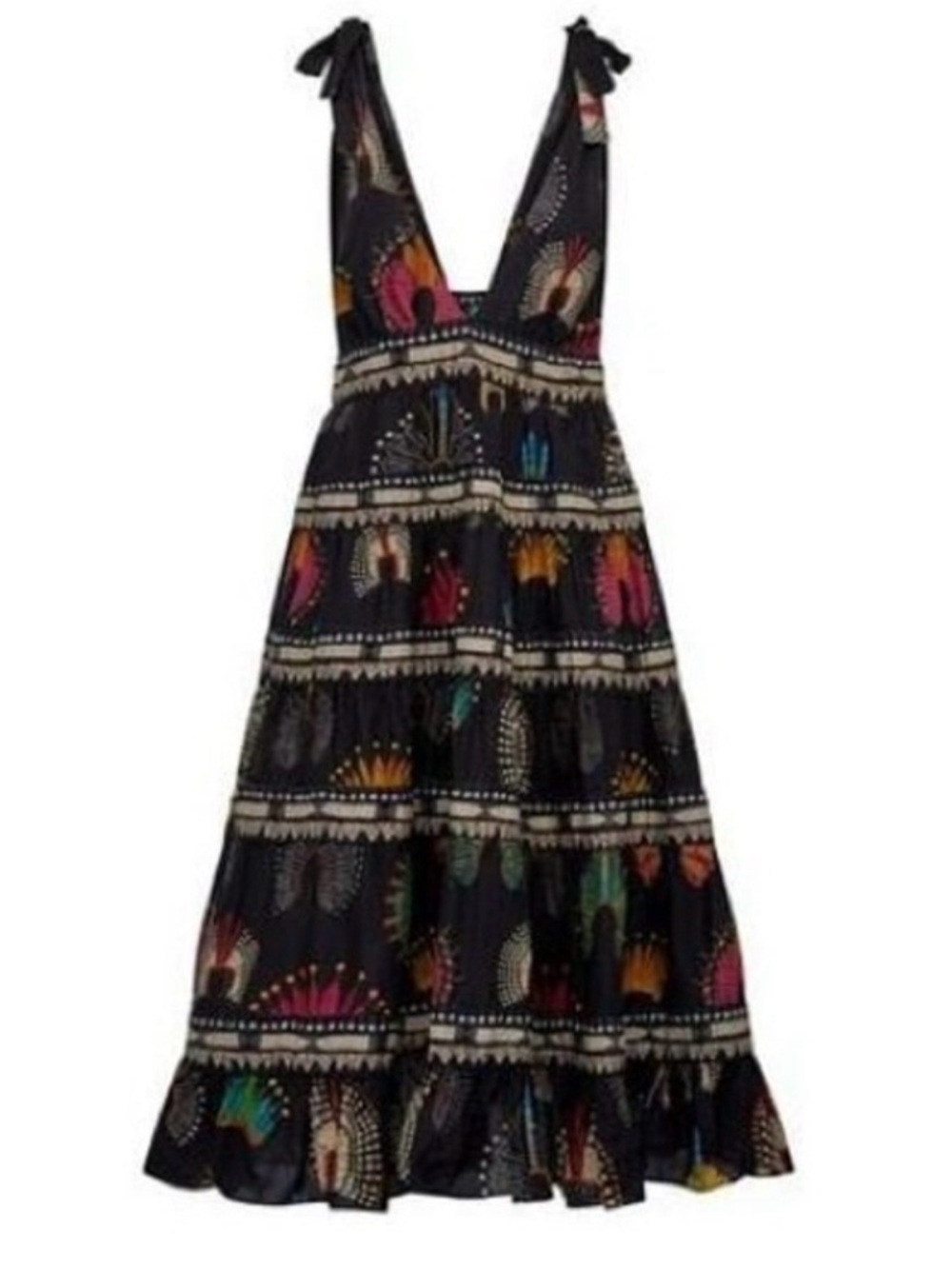 FARM Rio Wonderful Headdress V-Neck Midi Dress Xl Tiered Multicolor Print - Picture 2 of 12